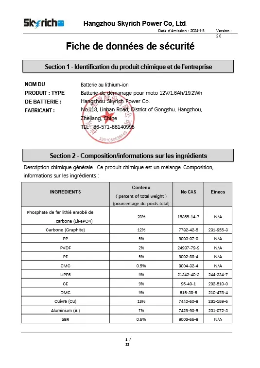 Fiche de sécurité (FDS)